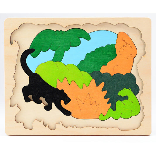 2重パズルとは、1枚のボードにパズルが2層にカットされたパズルのこと。写真は、「上=2層ともボードにセットされたもの」「下=上の層をはずしたところ」です。