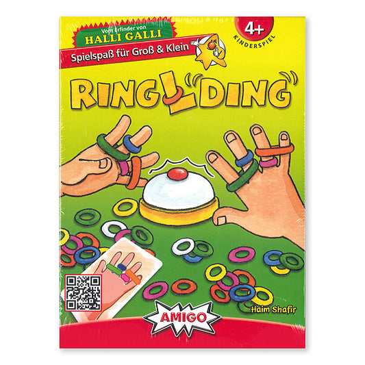 早い者勝ちで、絵の通りにゴムバンドをはめる 傑作「ハリガリ」みたいに、早い者勝ちでベルを鳴らすゲーム。ルールはとっても簡単。カードを1枚めくったら、全員で一斉に、カードと同じようにカラフルなゴムバンドを自分の指にはめるのです。完成したらベルを鳴らします。 「ハリガリ」のように頭で考えたり認識するだけでなく、ゴムバンドを指にはめるという実技が加わっているので、器用さも問われます。 ルールが簡単で、計算などもないので、4歳から遊べます。 けっこう焦ります。そこが楽しい。