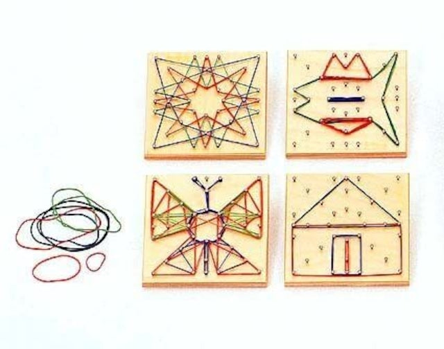 ゴムパターン遊び（ベック社/ドイツ）｜カラフルな輪ゴムで形を作る木製ジオボード・指先の巧緻性と図形感覚を養う知育玩具