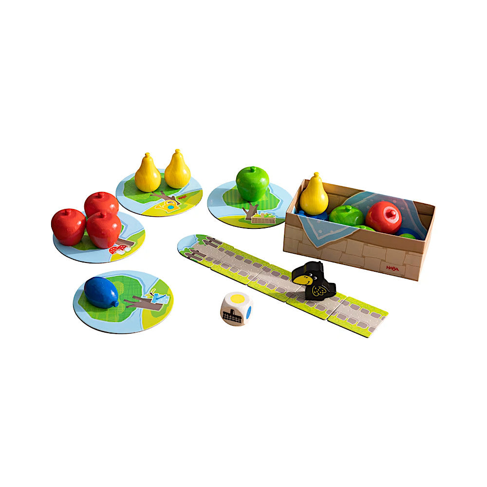 大人といっしょに２才から遊べる「おもちゃ＋ゲーム」です。2歳のうちは、大きな果物を使ってごっこ遊びなどで楽しむこともできます。3歳前後になって、ルールに従って遊べるようになってきたら、ゲームとして遊びます。  定番の協力ゲーム「果樹園ゲーム」の小さい子向けバージョンです。果物がとっても大きくなって、小さな手に扱いやすくなっただけでなく、果物の数も少なくなったので、短い時間で楽しめるようになりました。
