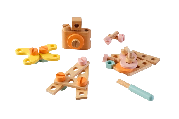 ニチガン（日本）のねじってDIYセット。木製パーツをねじで組み立てて遊べるおもちゃ。